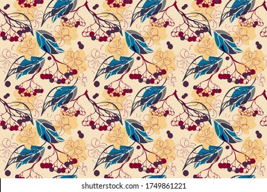 Elegant floral seamless pattern. Hand drawn ink brush stroke line design, autumn leaves, berries aronia, blossom flowers. Modern trendy colours, cream background. Vector
