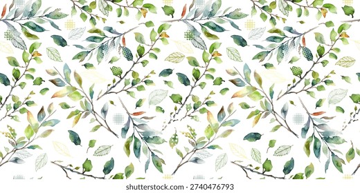 elegant floral seamless pattern with leaves watercolor ornament. hand drawing. Not AI Vector illustration