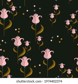 elegant floral seamless pattern. multicolored circles and abstract pink flowers with green-brown stems and leaves are randomly arranged on a black background. vector 