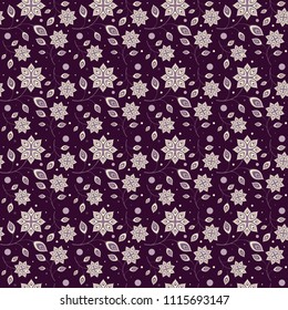 Elegant floral seamless pattern on violet background. Vector illustration for fabric decoration. Template for textile and wrapping paper.
