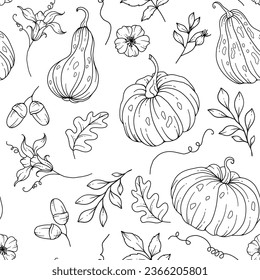 Elegant floral Seamless pattern with outline pumpkins. Thanksgiving Background. Line Art Pumpkin Seamless Background	
