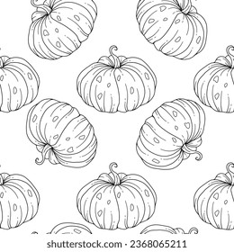 Elegantes florales Nahtloses Muster mit Kürbissen. Erntedankfest Hintergrund. Line Art Kürbis Nahtloser Hintergrund	
