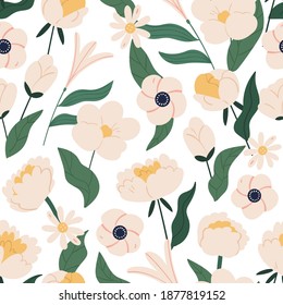 Elegant floral seamless pattern with peonies, daisy and anemone. Beautiful botanical spring background with blooming flowers vector flat illustration. Natural blossom plants and leaves