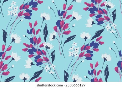 Elegant floral, seamless pattern, pink and blue flowers background, abstract illustration, endless, all over print to use textile, fabric, wallpaper, clothing, fashion, backdrop,