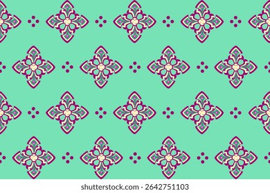 Elegant Floral Seamless pattern in pink and purple on a soft mint green background. Flowers motifs, symmetrical design, botanical pattern, repeat, abstract, for textiles, print, wallpaper, invitations