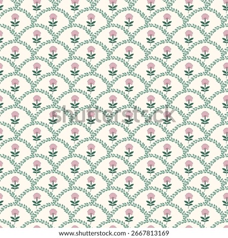 Elegant floral seamless pattern with pink flowers and a green vine lattice. Vintage geometric trellis background. Vector illustration.