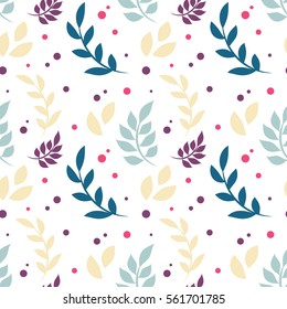Elegant floral seamless pattern with plants, leaves, dots and berries for women clothes, fabric, web design, wallpapers and blog background 