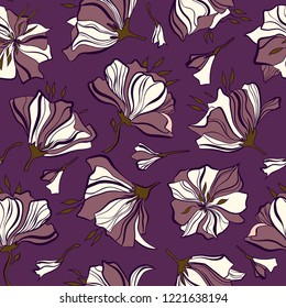 Elegant floral seamless pattern with poppies. Background with poppies in winter colors. Print for fabric, wallpaper, packaging. Fantasy violet flowers pattern.