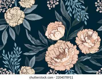 Elegant floral seamless pattern. Repeating template with blooming roses or peonies, green leaves and plant branches. Design element for printing on fabric. Cartoon realistic vector illustration