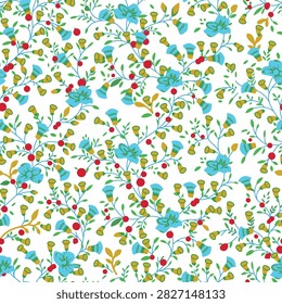 Elegant floral seamless pattern with small blue flowers and red berries seamless botanical