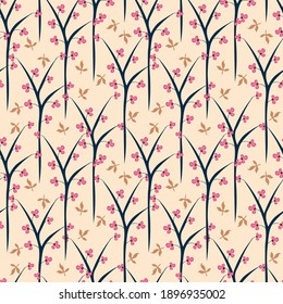 Elegantes, nahtloses Blumenmuster. Vektorgrafik mit kleinen blühenden Blumen, Blättern, Ästen. Schöne botanische Zusammensetzung. Hintergrund in rosafarbener, schwarzer, brauner und beiger Farbe. Wiederholtes Design