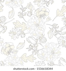 elegant floral seamless pattern. Vintage monochrome peonies, chrysanthemums on a light background. Spring; summer holidays presents and gifts wrapping paper; For textiles; packaging; fabric; 