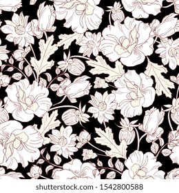 elegant floral seamless pattern. Vintage monochrome peonies, chrysanthemums on a light background.Spring,summer holidays presents and gifts wrapping paper; For textiles,packaging,fabric,wallpaper.