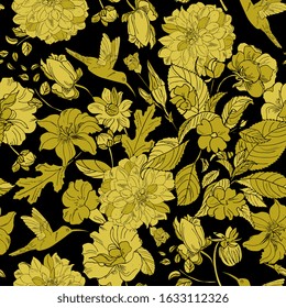 elegant floral seamless pattern. Vintage monochrome peonies, chrysanthemums and hummingbirds.  Gold pattern on a black background with flowers and birds.summer textiles,packaging,fabric,wallpaper.