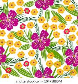Elegant floral seamless pattern with violet and yellow refined flowers.  Hand drawn vector illustration.
