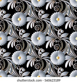 Elegant floral seamless pattern wallpaper illustration with vintage decorative hand drawn leaves, surface white 3d chamomiles flowers and modern ornaments.Luxury vector fabric texture.Black background