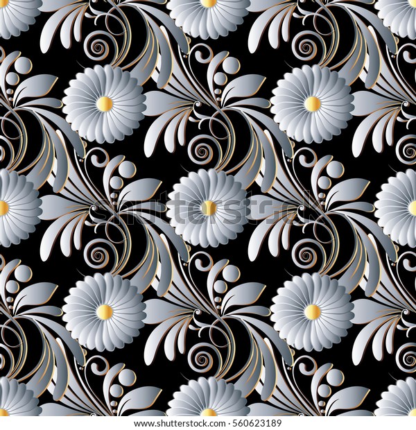 ビンテージの装飾的な手描きの葉 表面白い3dカモミルの花 モダンな装飾を持つ エレガントな花柄のシームレスな模様の壁紙 イラスト 高級ベクター織物テクスチャー 黒い背景 のベクター画像素材 ロイヤリティフリー