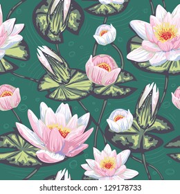 Elegant Floral Seamless Pattern With Water Lily, Leaves And Petals In Water