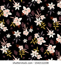 Elegant floral seamless vector pattern on black background for textiles, invtitations, greeting cards, stationery, wallpaper, wrapping paper, fashion, fabric