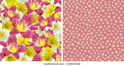 Elegante conjunto floral de motivos con flores primaverales. Fondo botánico vectorial sin foco con elementos vegetales. Grandes azulejos y flores blancas se encuentran sobre un fondo blanco y rosa.