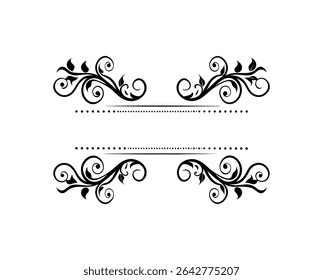 Elegant floral silhouette design featuring a decorative frame with swirling leaves and dotted lines.  The distinctive feature is its classic, black and white silhouette style, perfect for invitations 