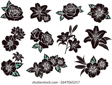 Elegant Floral Silhouettes with Botanical Accents An Array of Black Flowers Enhanced with Subtle Teal Green Leaves Against a Clean White Backdrop Perfect for Artistic and Decorative Applications