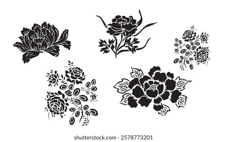 Elegant Floral Silhouettes, A Collection of Stylized Blossoms and Foliage in Bold Black Designs Ideal for Invitations or Artistic Projects