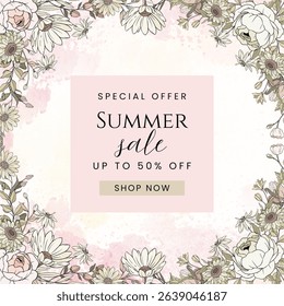 Elegant Floral Summer Sale Banner with Watercolor Background – Special Offer Vector Template for Discounts and Seasonal Promotions