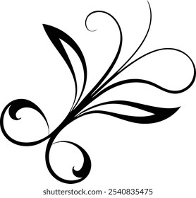 Elegante remolino floral, ilustración en blanco y negro, diseño minimalista, líneas curvas, floritura decorativa, elemento ornamental, patrón simétrico, volutas elegantes, motivo botánico, hojas abstractas