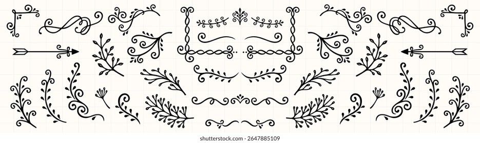 Elegant floral and swirl design elements. Decorative swirls and floral patterns. Use these floral and swirl elements for invitations and crafts. Hand drawn illustrations, vector set.