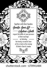 Elegant floral swirls, lacy pattern ornate frame, monogram and place for text. Wedding invitation in classical formal style in black and white with flowers and intricate tracery decoration.