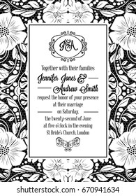 Elegant floral swirls, lacy pattern ornate frame, monogram and place for text. Wedding invitation in classical formal style in black and white with flowers and intricate tracery decoration.