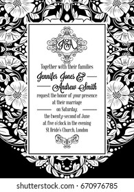 Elegant floral swirls, lacy pattern ornate frame, monogram and place for text. Wedding invitation in classical formal style in black and white with flowers and intricate tracery decoration.