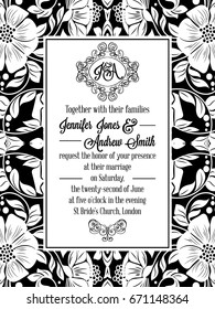 Elegant floral swirls, lacy pattern ornate frame, monogram and place for text. Wedding invitation in classical formal style in black and white with flowers and intricate tracery decoration.
