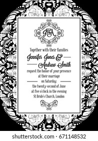 Elegant floral swirls, lacy pattern ornate frame, monogram and place for text. Wedding invitation in classical formal style in black and white with flowers and intricate tracery decoration.