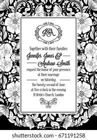 Elegant floral swirls, lacy pattern ornate frame, monogram and place for text. Wedding invitation in classical formal style in black and white with flowers and intricate tracery decoration.