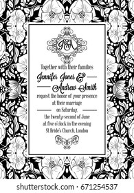 Elegant floral swirls, lacy pattern ornate frame, monogram and place for text. Wedding invitation in classical formal style in black and white with flowers and intricate tracery decoration.