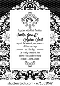 Elegant floral swirls, lacy pattern ornate frame, monogram and place for text. Wedding invitation in classical formal style in black and white with flowers and intricate tracery decoration.