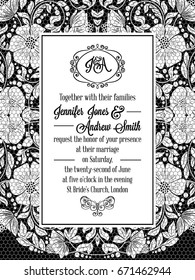 Elegant floral swirls, lacy pattern ornate frame, monogram and place for text. Wedding invitation in classical formal style in black and white with flowers and intricate tracery decoration.