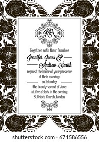 Elegant floral swirls, lacy pattern ornate frame, monogram and place for text. Wedding invitation in classical formal style in black and white with flowers and intricate tracery decoration.