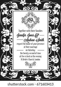 Elegant floral swirls, lacy pattern ornate frame, monogram and place for text. Wedding invitation in classical formal style in black and white