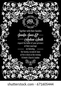Elegant floral swirls, lacy pattern ornate frame, monogram and place for text. Wedding invitation in classical formal style in black and white