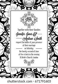 Elegant floral swirls, lacy pattern ornate frame, monogram and place for text. Wedding invitation in classical formal style in black and white with flowers and intricate tracery decoration.