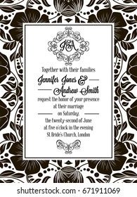 Elegant floral swirls, lacy pattern ornate frame, monogram and place for text. Wedding invitation in classical formal style in black and white with flowers and intricate tracery decoration.