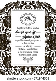 Elegant floral swirls, lacy pattern ornate frame, monogram and place for text. Wedding invitation in classical formal style in black and white with flowers and intricate tracery decoration.