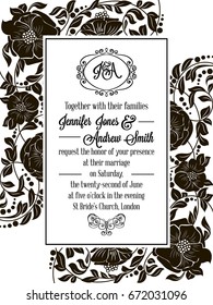 Elegant floral swirls, lacy pattern ornate frame, monogram and place for text. Wedding invitation in classical formal style in black and white with flowers and intricate tracery decoration.