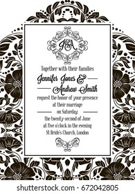 Elegant floral swirls, lacy pattern ornate frame, monogram and place for text. Wedding invitation in classical formal style in black and white with flowers and intricate tracery decoration.
