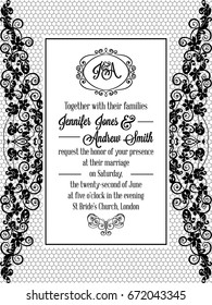 Elegant floral swirls, lacy pattern ornate frame, monogram and place for text. Wedding invitation in classical formal style in black and white