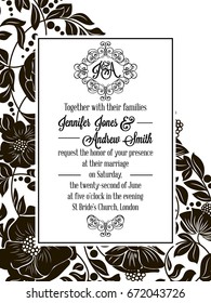 Elegant floral swirls, lacy pattern ornate frame, monogram and place for text. Wedding invitation in classical formal style in black and white with flowers and intricate tracery decoration.