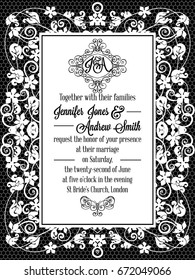 Elegant floral swirls, lacy pattern ornate frame, monogram and place for text. Wedding invitation in classical formal style in black and white